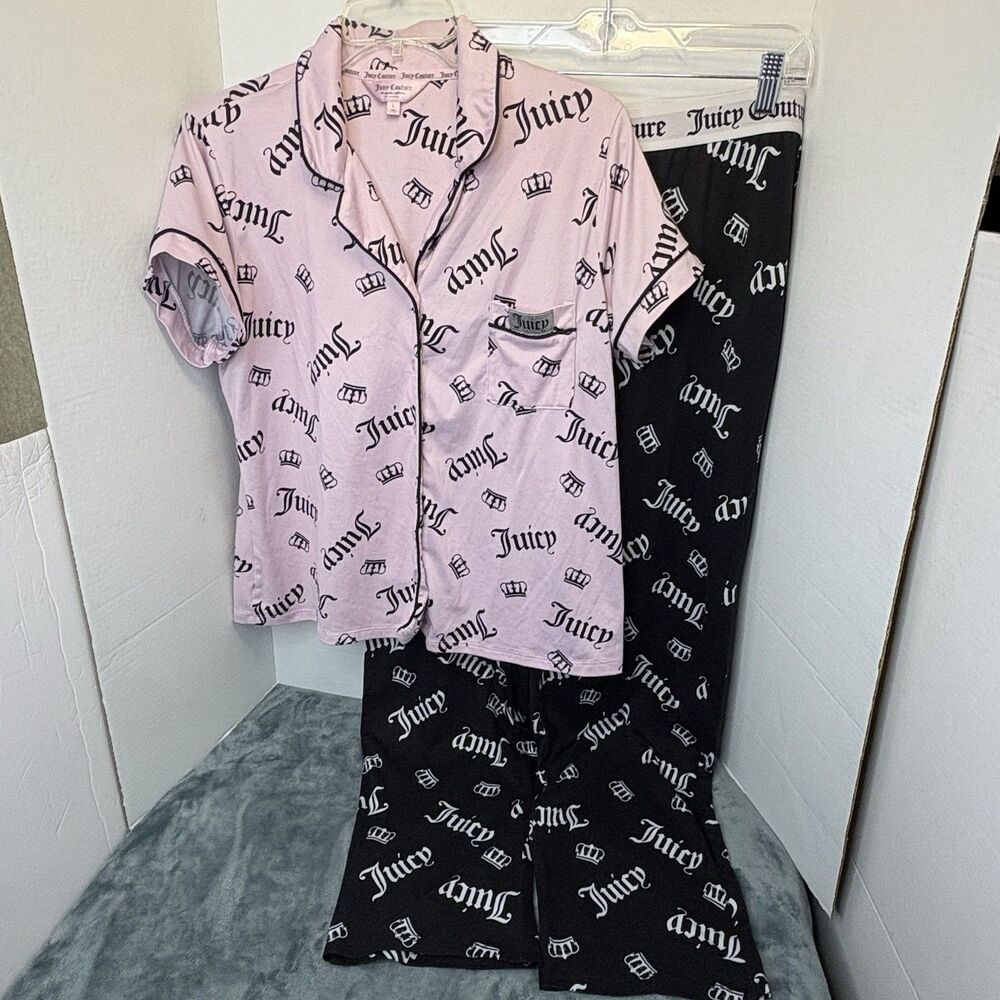 Juicy Couture Women's PJ Set Short Sleeve Button Down And Pants Large Comfy